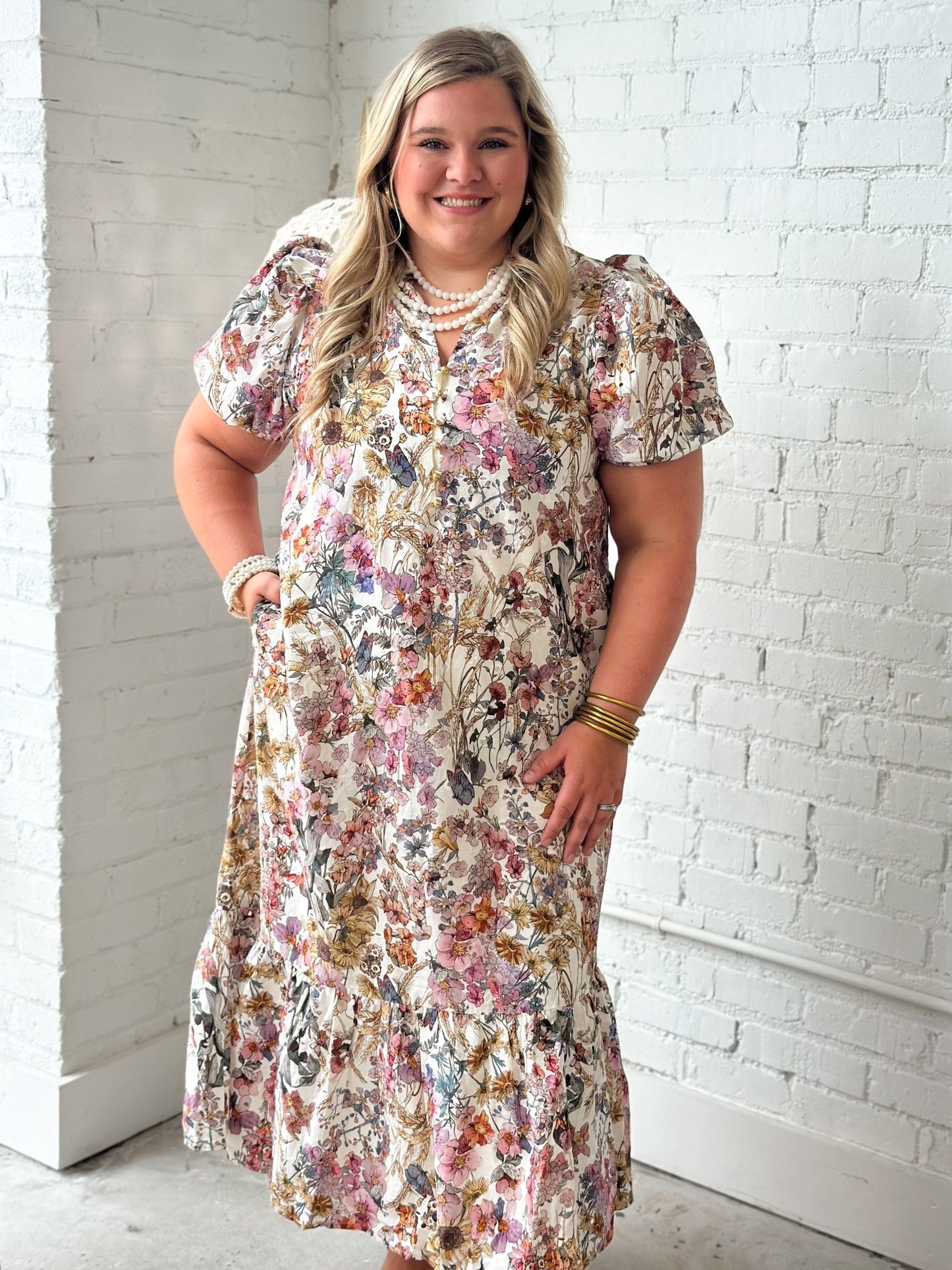 Cotton eyelet midi dress with a V-neck and side pockets