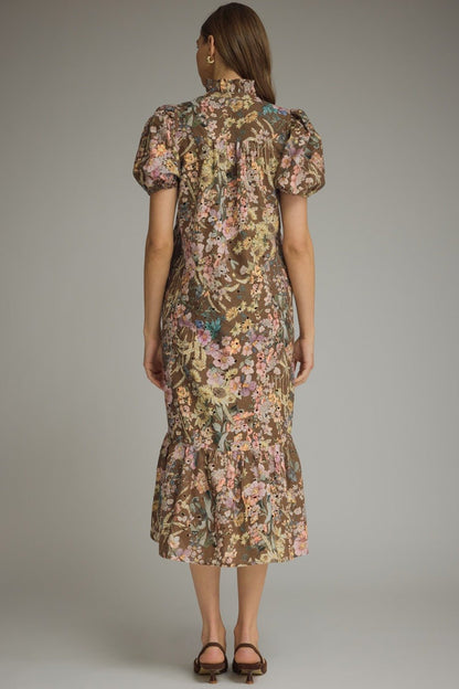 Entro Floral Gold Button Ruffle Collar Dress - Lavish Boutique04-DRESSES