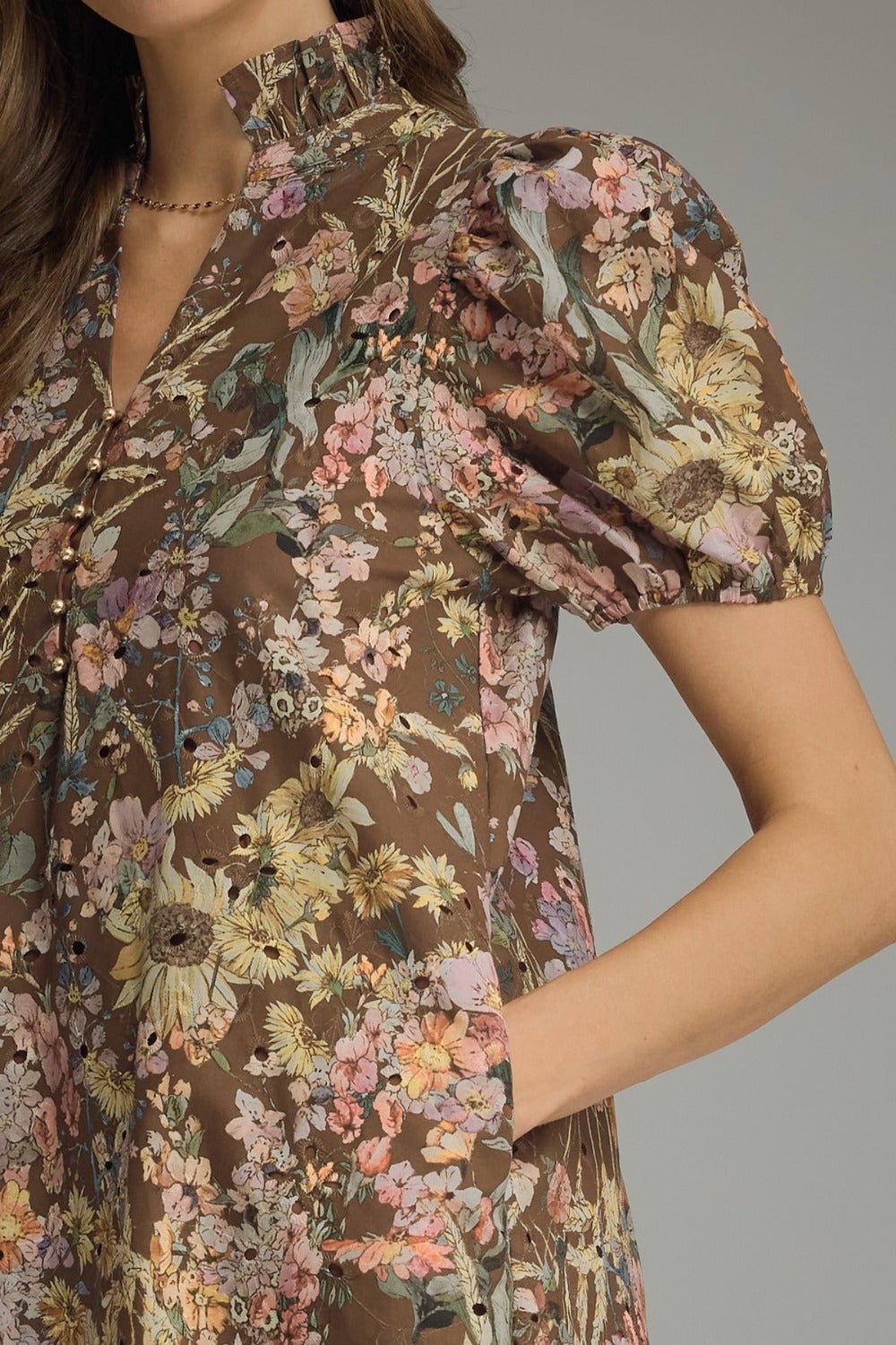 Entro Floral Gold Button Ruffle Collar Dress - Lavish Boutique04-DRESSES