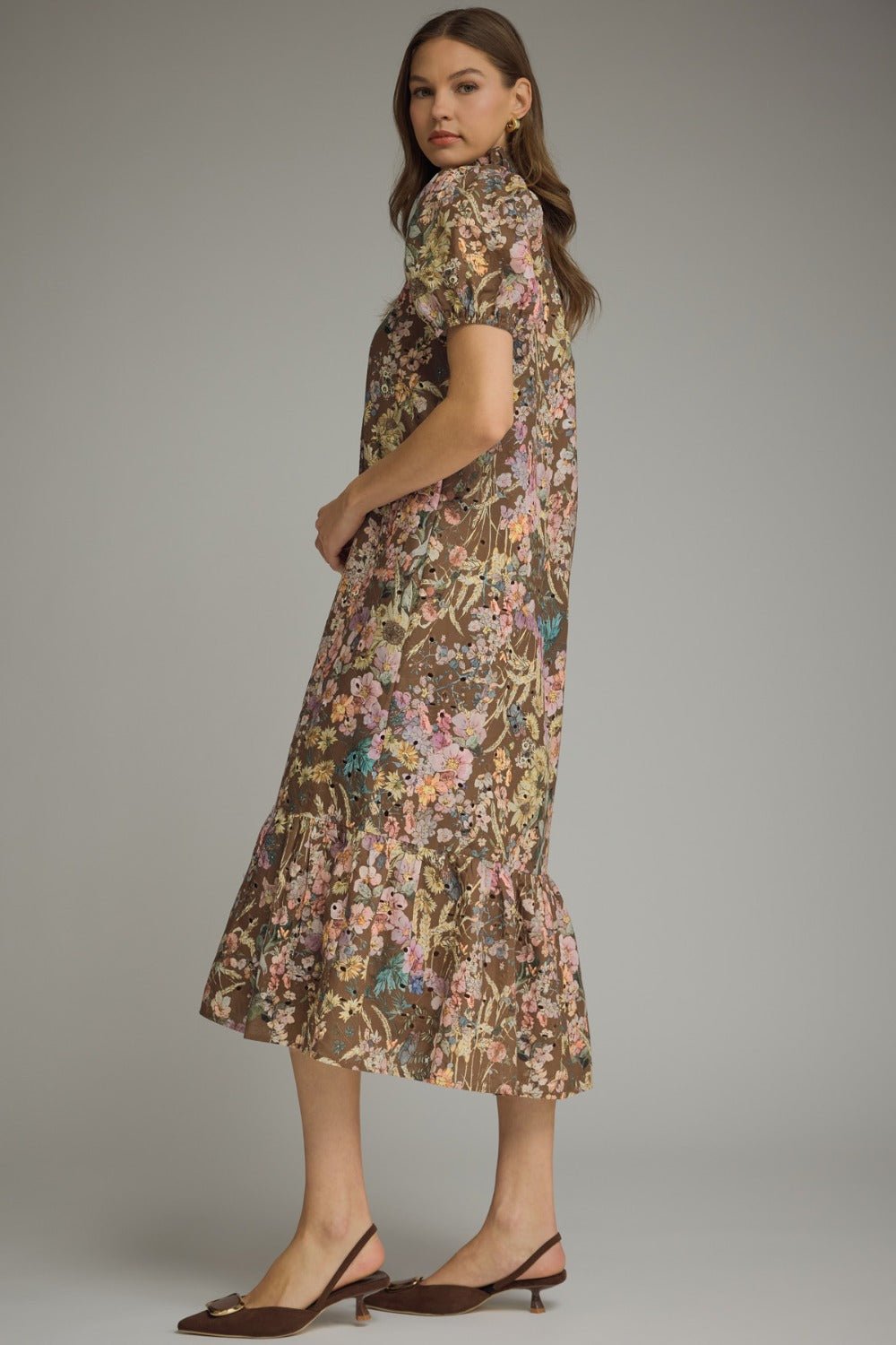 Entro Floral Gold Button Ruffle Collar Dress - Lavish Boutique04-DRESSES