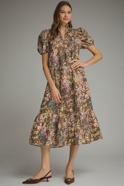 Entro Floral Gold Button Ruffle Collar Dress - Lavish Boutique04-DRESSES
