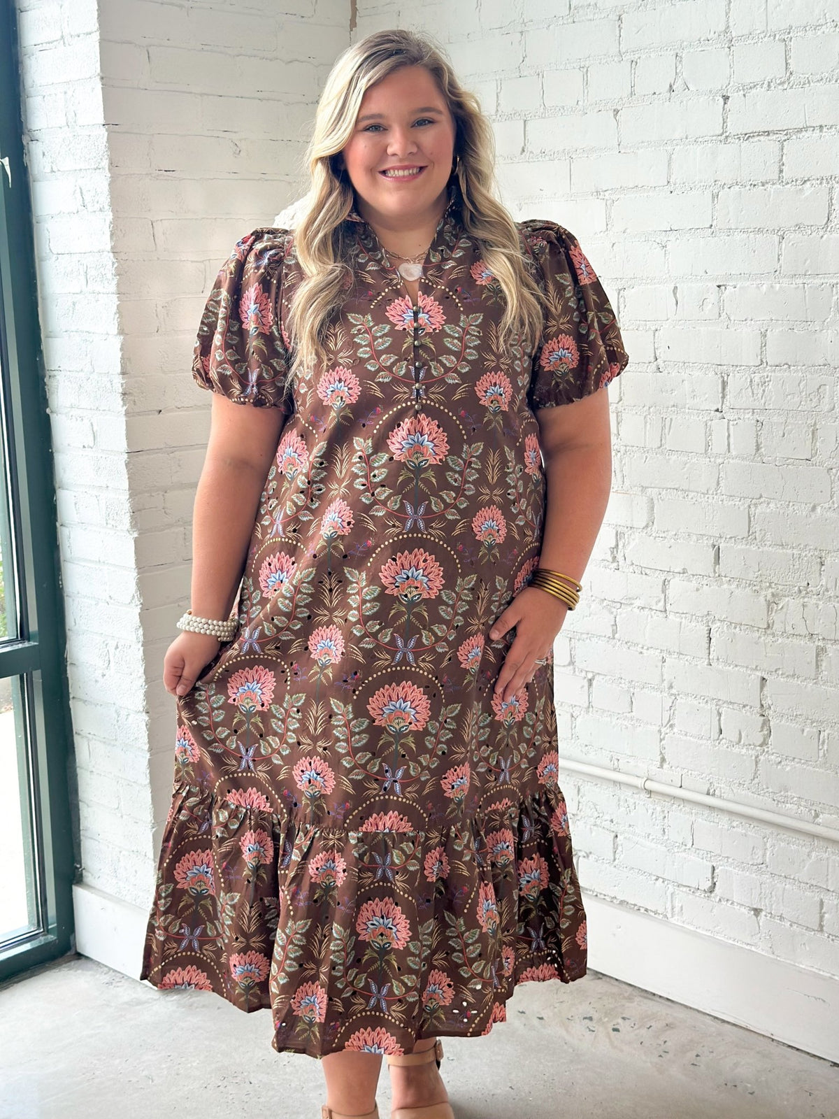 Brown floral print midi dress with eyelet detailing