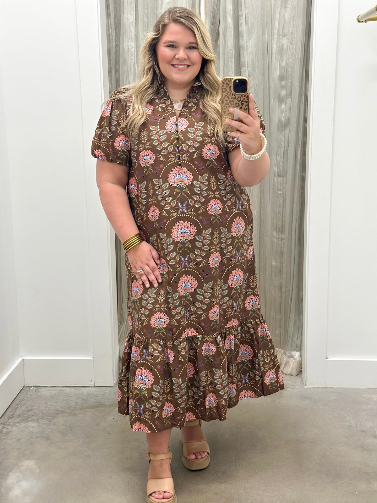 Floral eyelet midi dress in warm brown with a relaxed silhouette