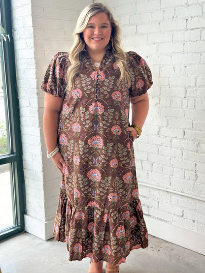 Flowing brown eyelet midi dress in an allover floral print
