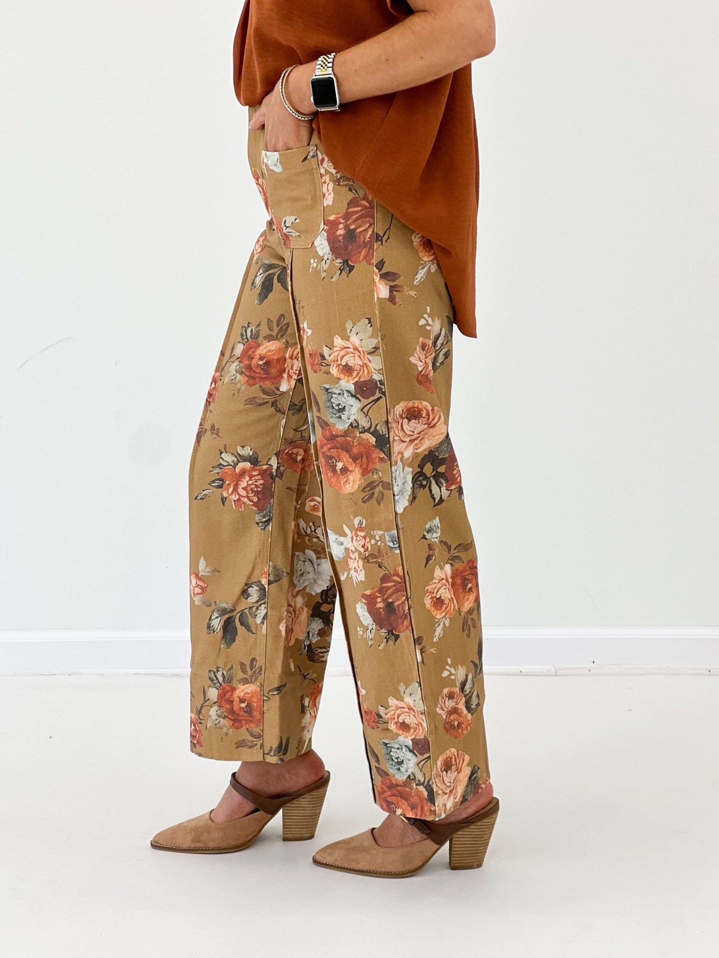 Camel printed floral pants with a soft drape