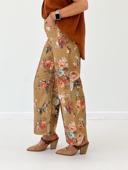 Camel printed floral pants with a soft drape