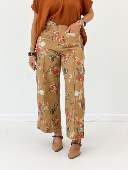 Camel floral print pants with front pocket detail