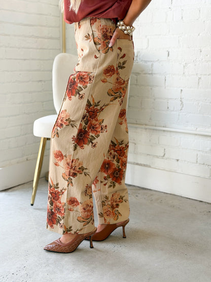 Floral print pants in taupe with a flowing wide leg