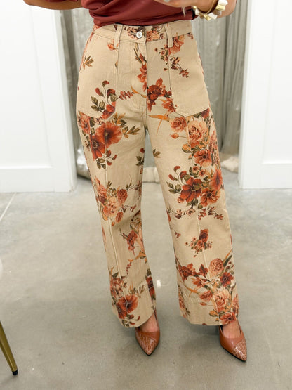 Taupe floral pants with a relaxed high waist