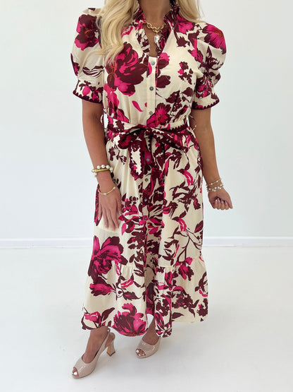 Entro Floral Ruffle Neck Puff Sleeve Dress - Lavish Boutique04-DRESSES