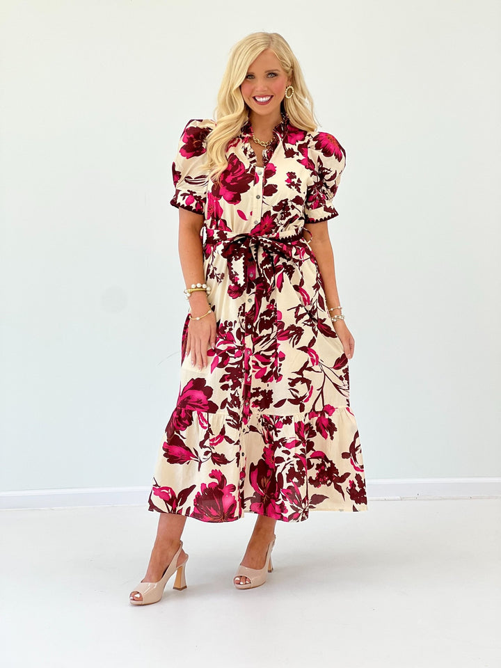 Entro Floral Ruffle Neck Puff Sleeve Dress - Lavish Boutique04-DRESSES