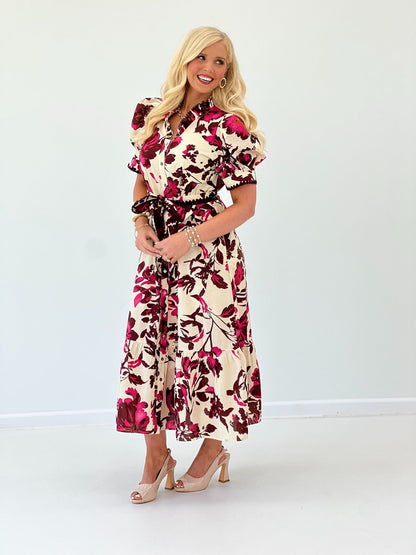 Entro Floral Ruffle Neck Puff Sleeve Dress - Lavish Boutique04-DRESSES