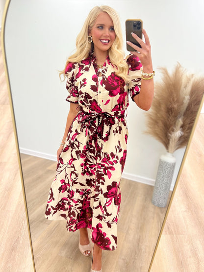 Entro Floral Ruffle Neck Puff Sleeve Dress - Lavish Boutique04-DRESSES