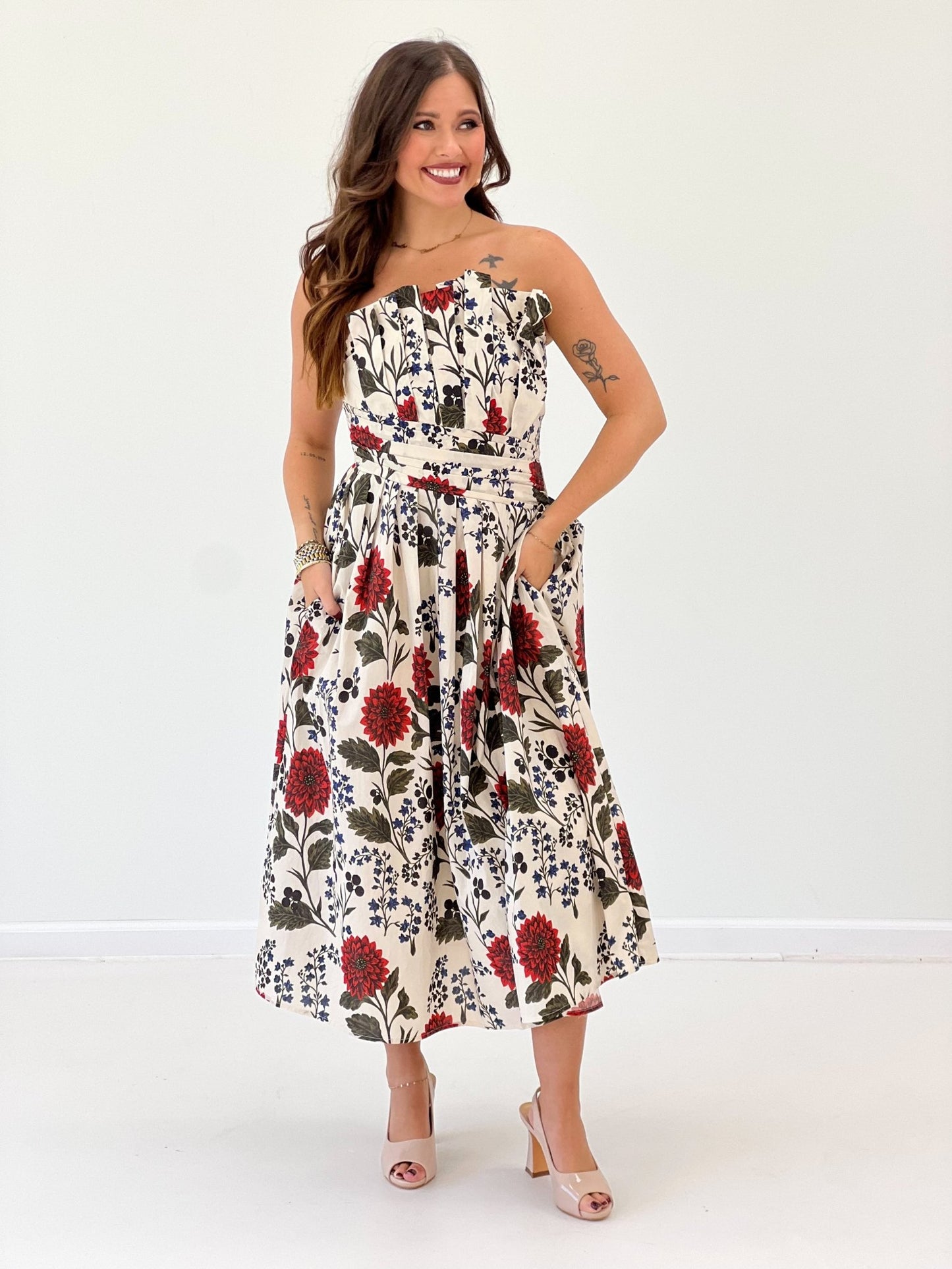 Entro Floral Strapless Detailed Waist dress - Lavish Boutique04-DRESSES