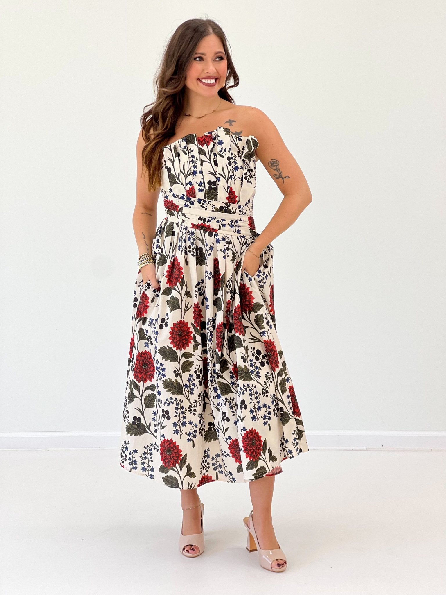 Entro Floral Strapless Detailed Waist dress - Lavish Boutique04-DRESSES