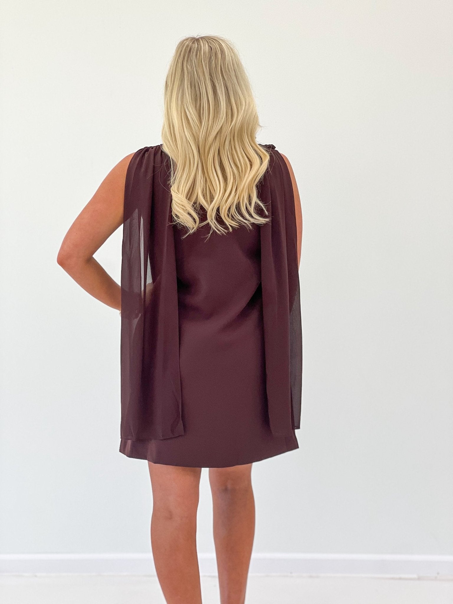 Brown sleeveless dress with a soft draping skirt
