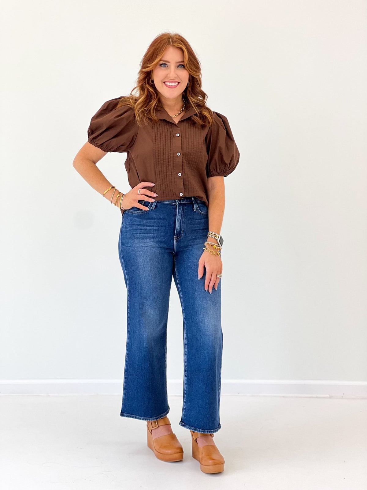 Entro Front Pleated Puff Sleeve Top - Lavish Boutique01-TOPS
