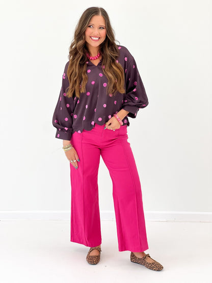 Wide leg pants with a front crease and side pockets