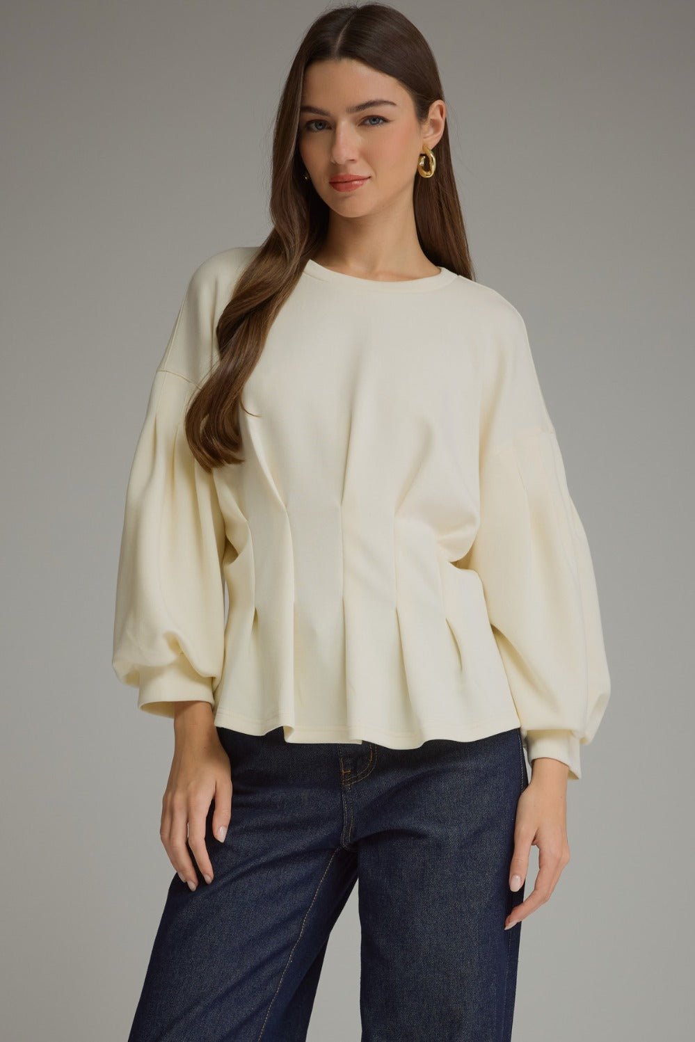 Entro Gathered Long Sleeve Top - Lavish Boutique01-TOPS