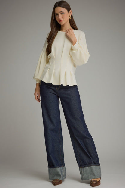 Entro Gathered Long Sleeve Top - Lavish Boutique01-TOPS