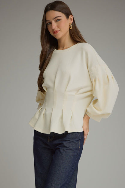 Entro Gathered Long Sleeve Top - Lavish Boutique01-TOPS