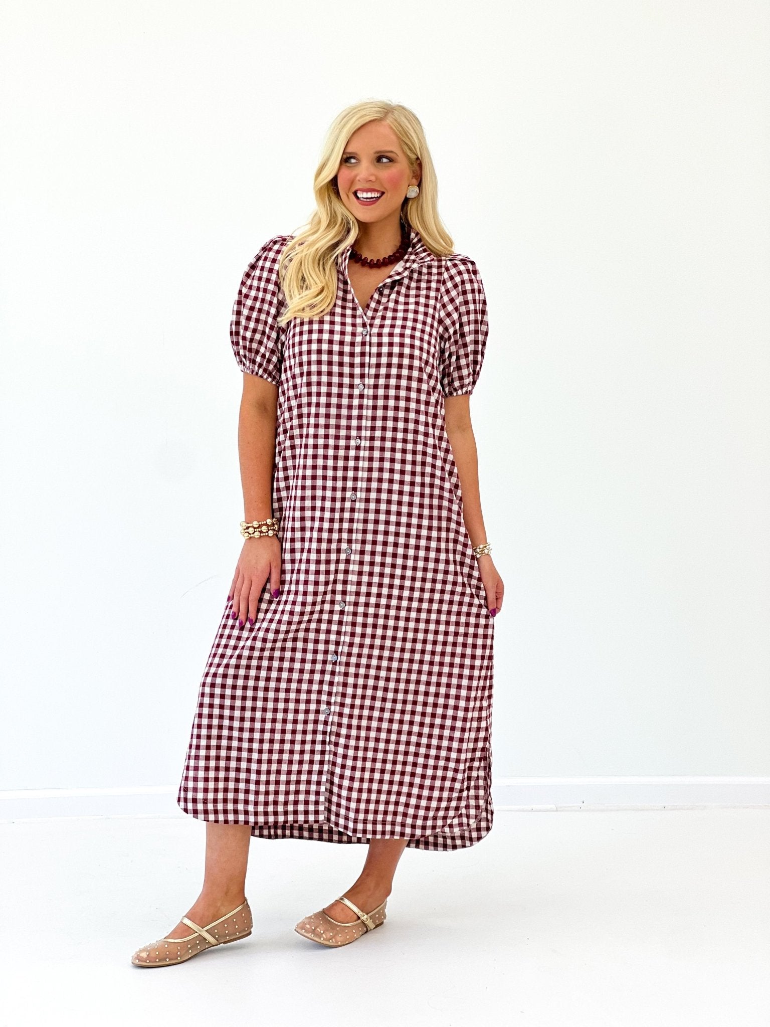 Wine gingham dress with a button down front