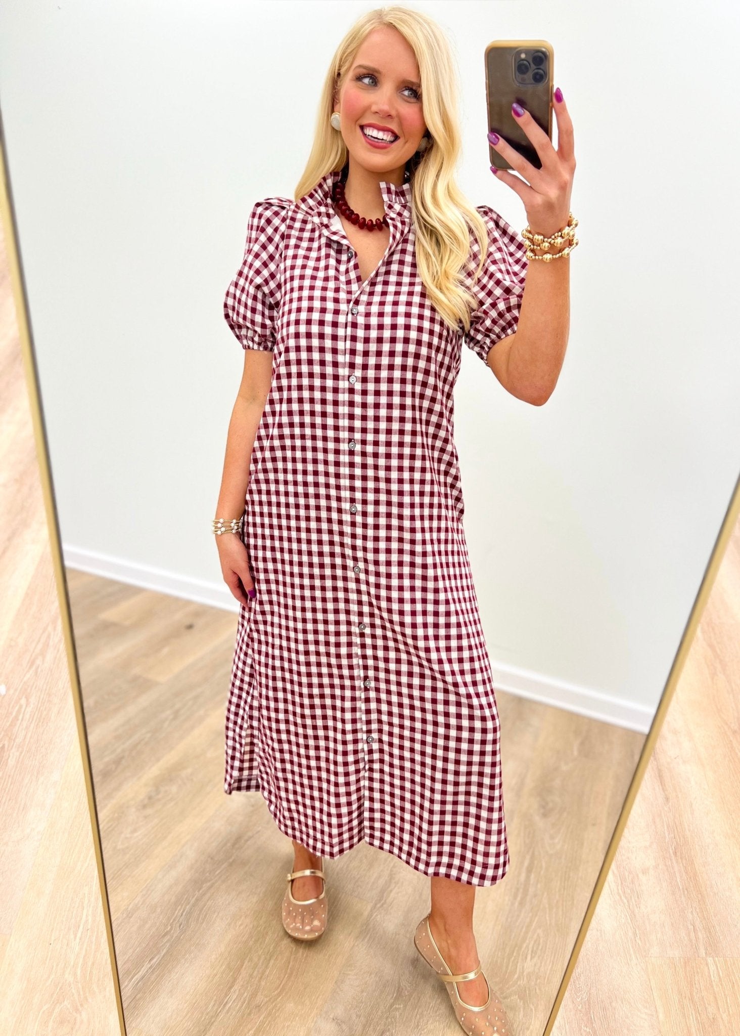 Button front dress in a wine gingham check