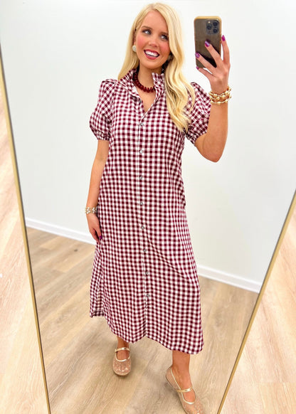 Button front dress in a wine gingham check