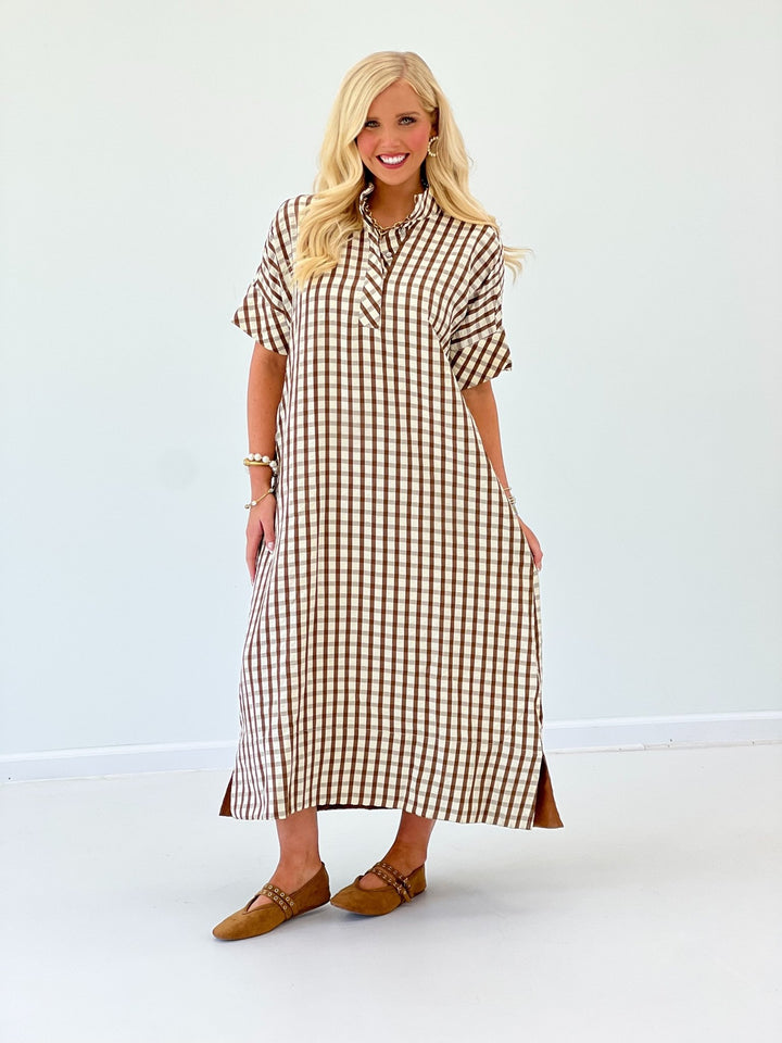 Gingham print midi dress with short sleeves