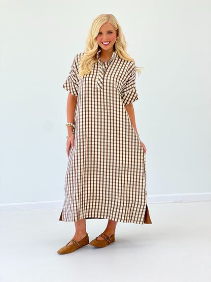 Short sleeve detail on a gingham print midi dress
