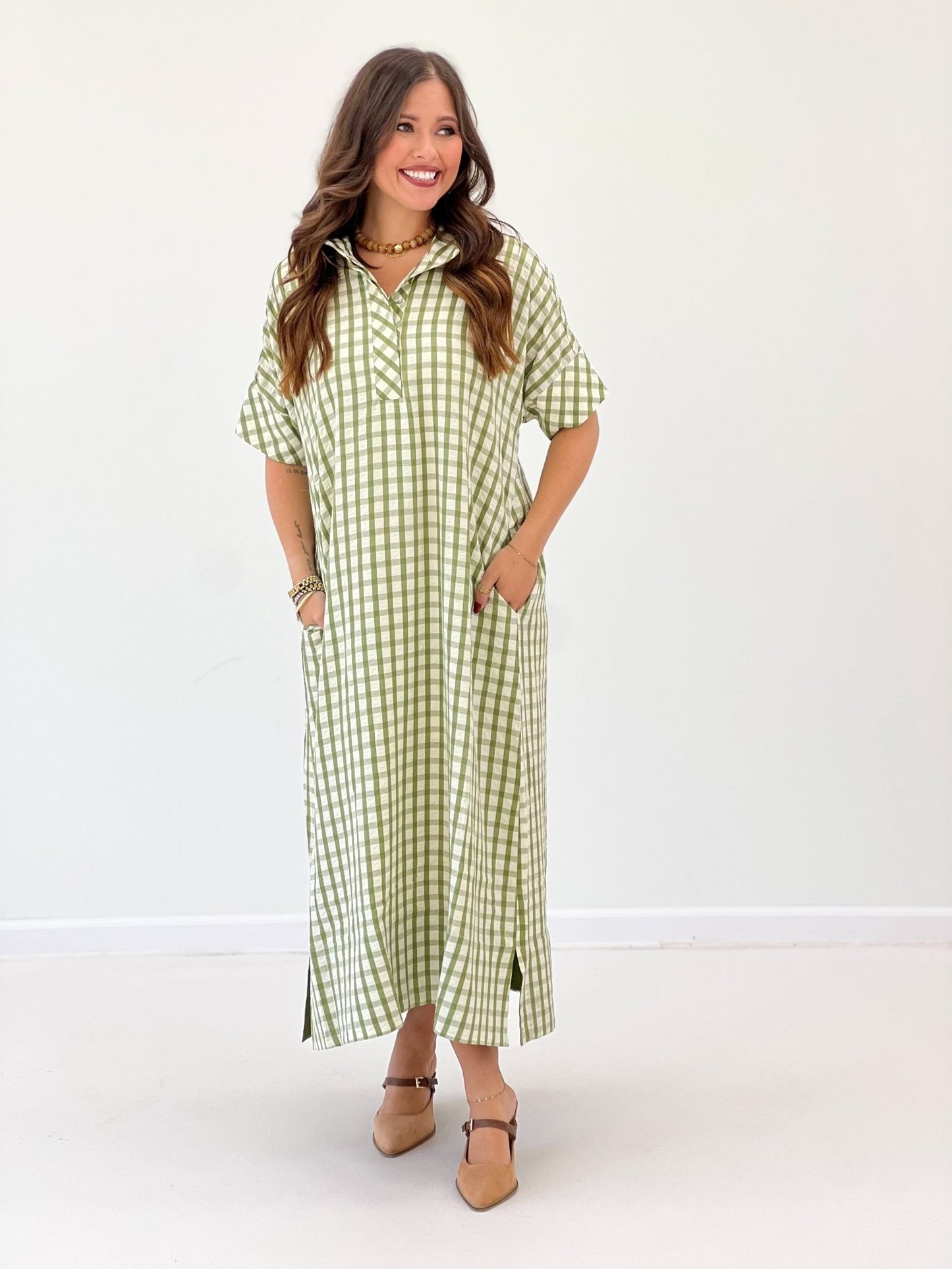 Checked gingham fabric on a short sleeve dress