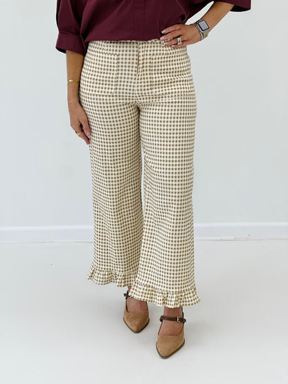 Gingham check pants with a ruffled hem