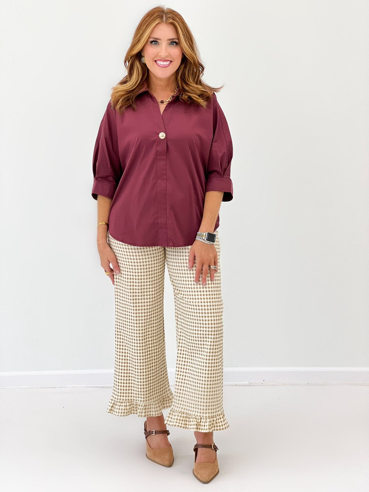 Check gingham pants with a soft ruffle bottom