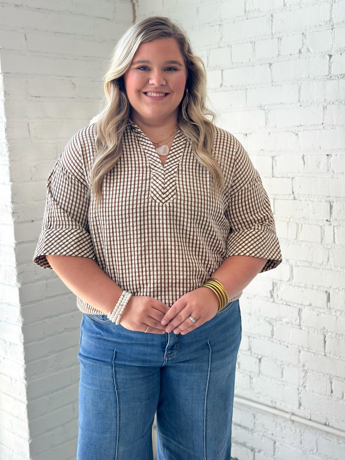 Short sleeve blouse in a gingham check