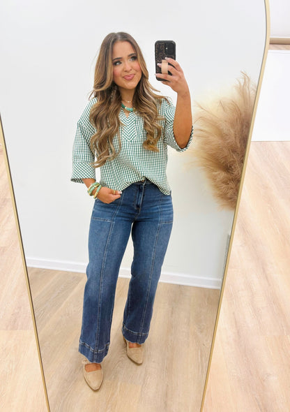 Short sleeve gingham top with gathered sleeve detail