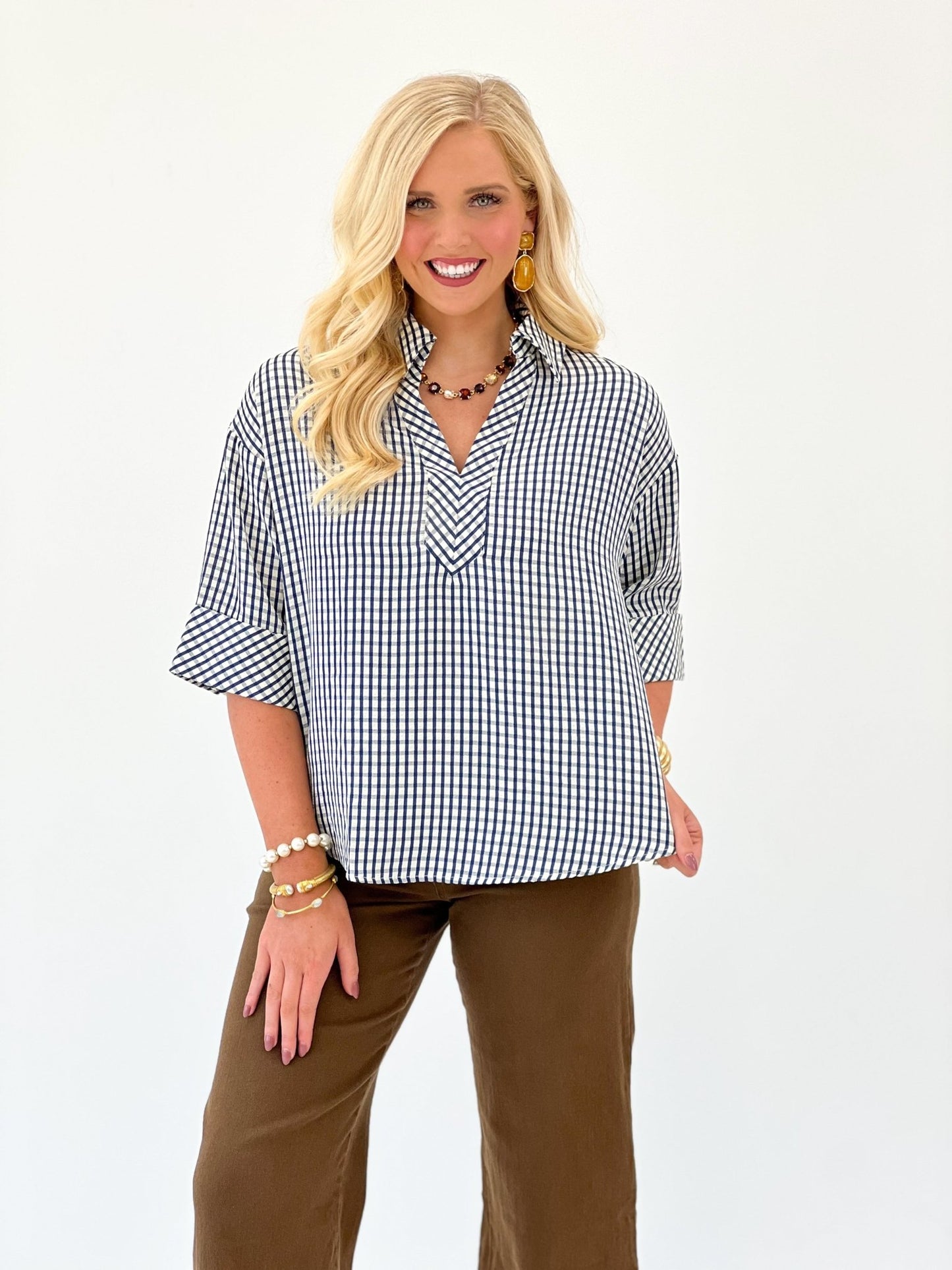 Entro Gingham Short Sleeve Top - Lavish Boutique01-TOPS