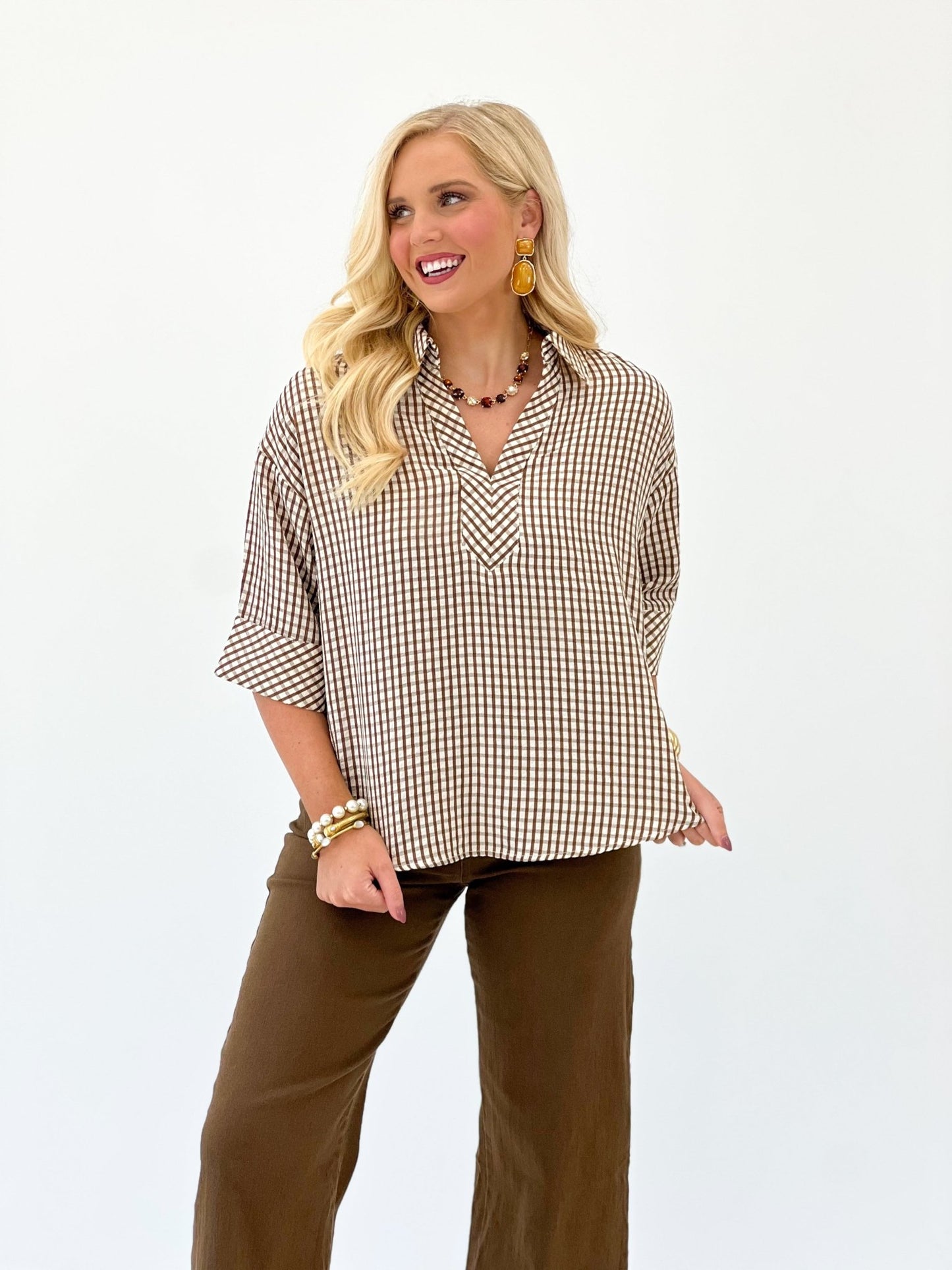 Entro Gingham Short Sleeve Top - Lavish Boutique01-TOPS
