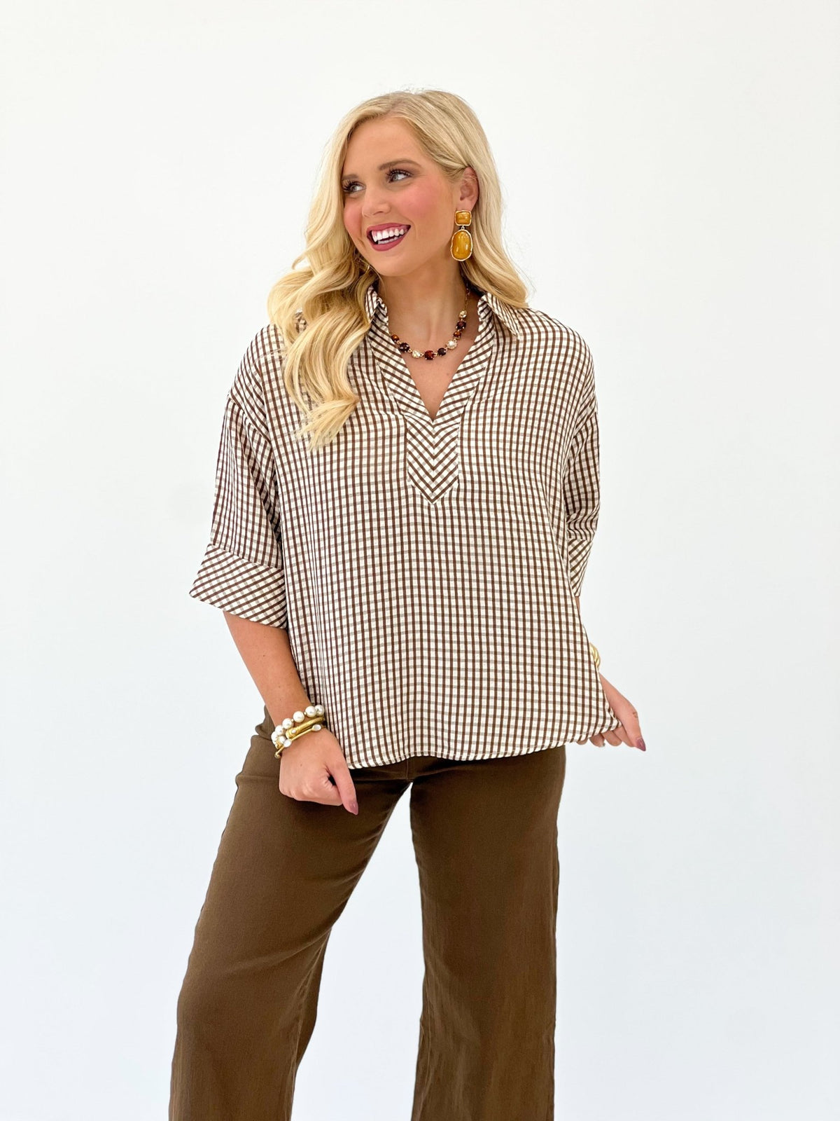 Entro Gingham Short Sleeve Top - Lavish Boutique01-TOPS