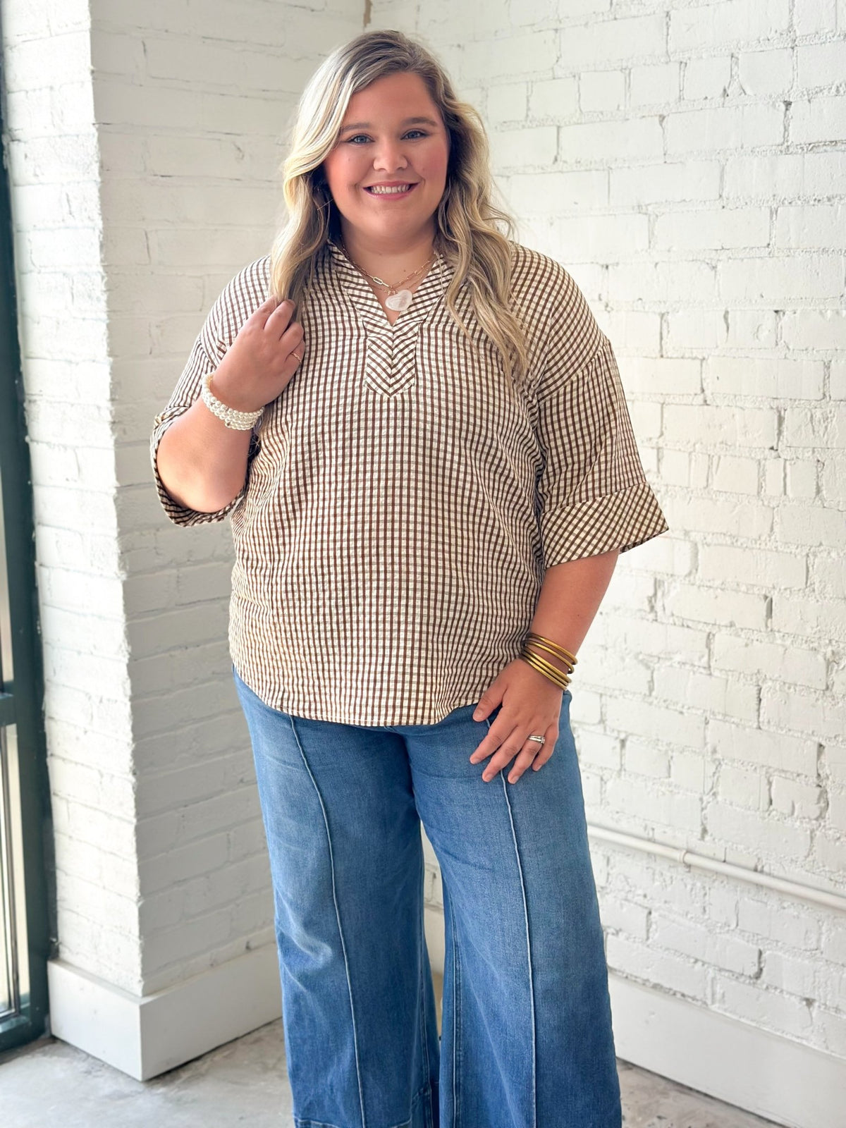 Gingham check short sleeve top