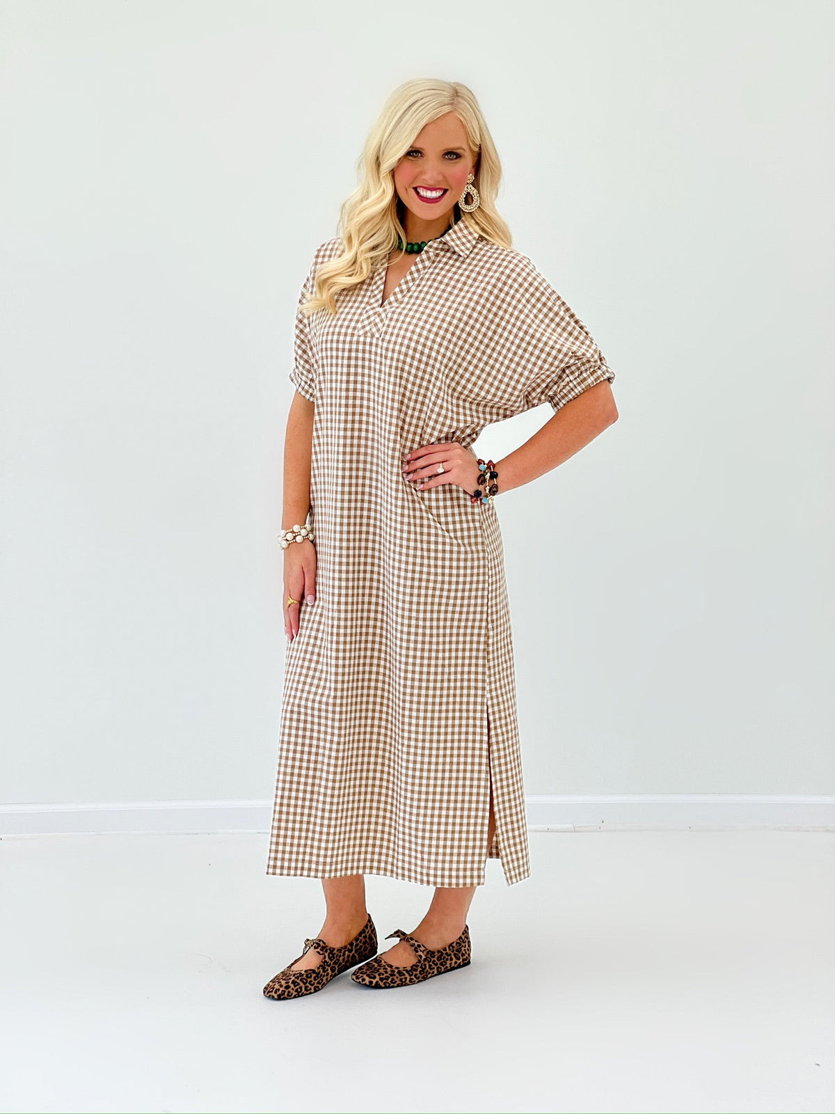 Camel gingham dress with a collared V-neckline