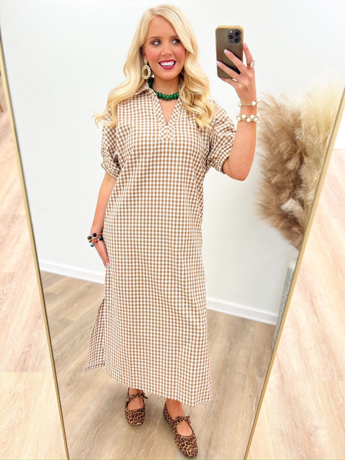 Gingham check dress in camel with a pointed collar