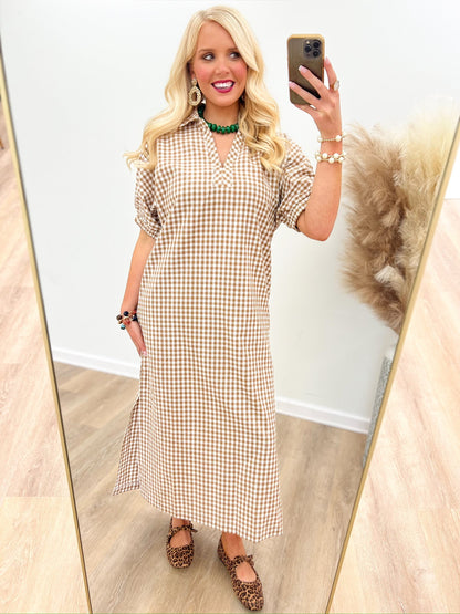 Gingham check dress in camel with a pointed collar