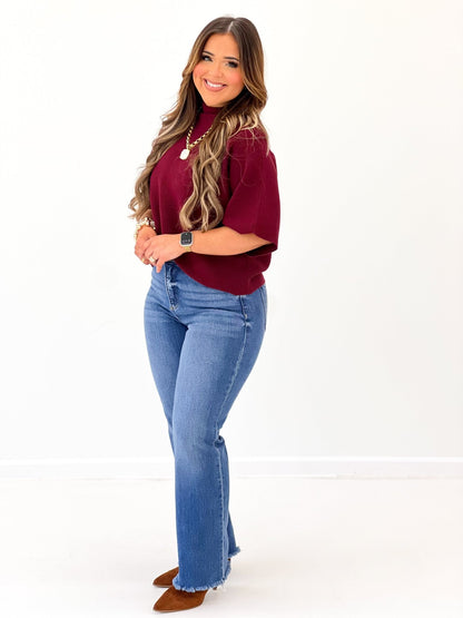 Short sleeve mock neck pullover in a soft knit