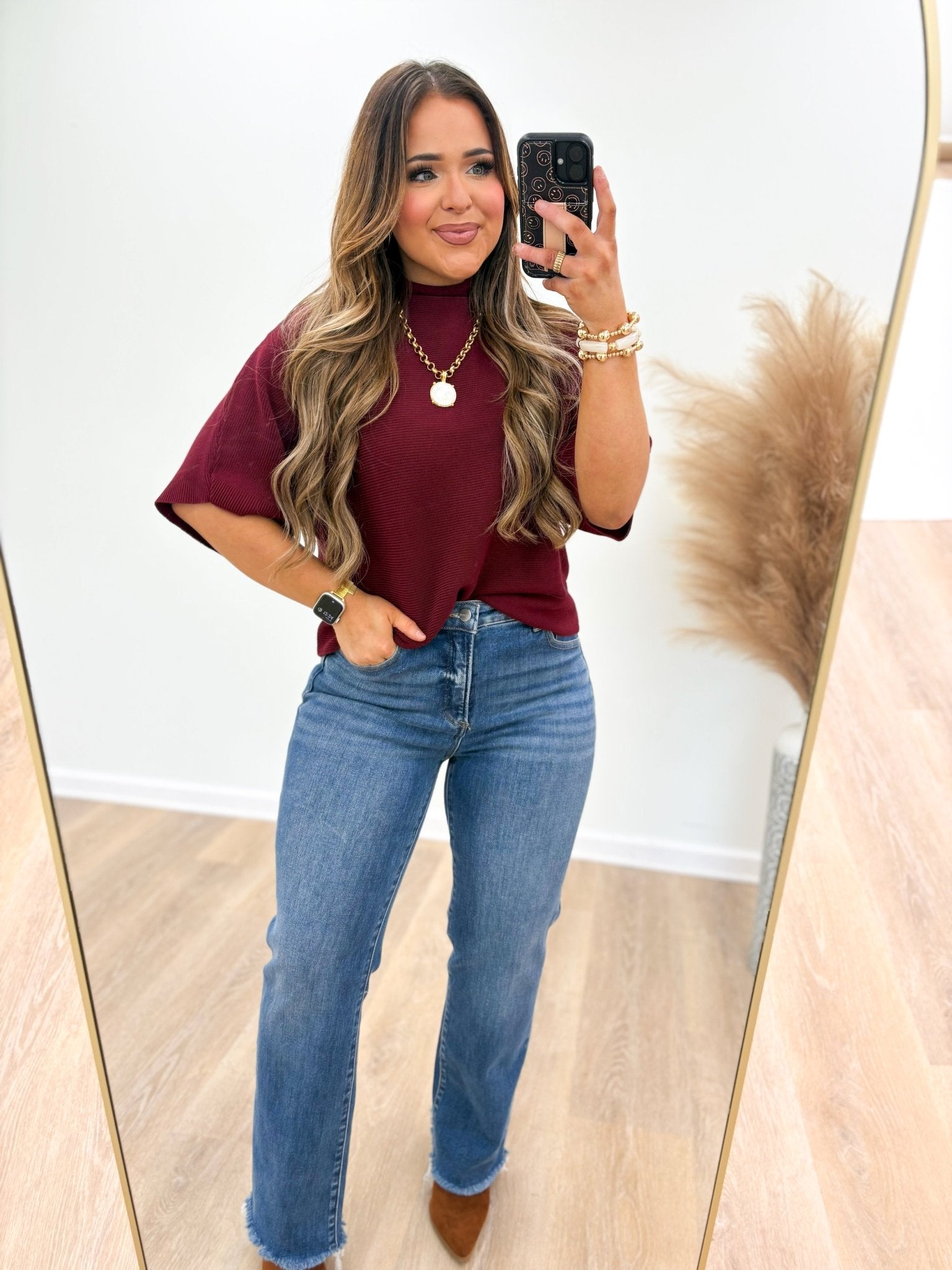 Short sleeve sweater with a close mock neckline