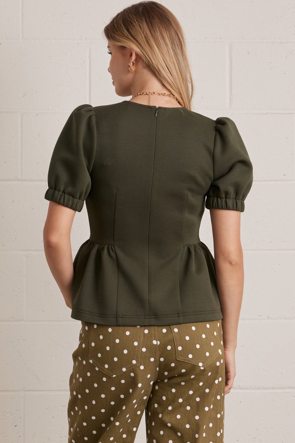 Entro Peplum Hem Puff Sleeve Knit Top - Lavish Boutique01-TOPS