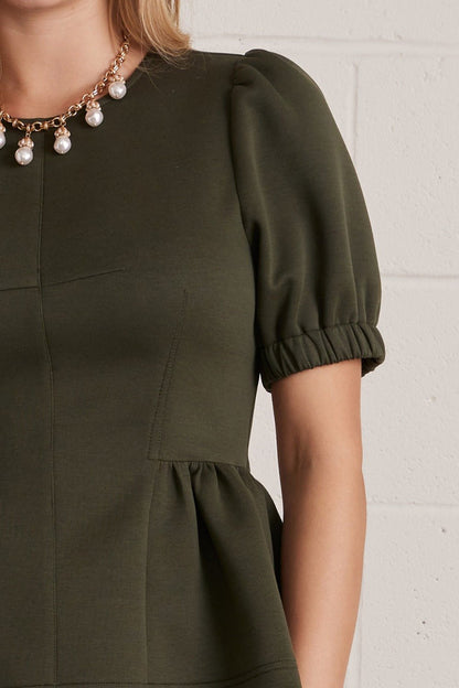 Entro Peplum Hem Puff Sleeve Knit Top - Lavish Boutique01-TOPS