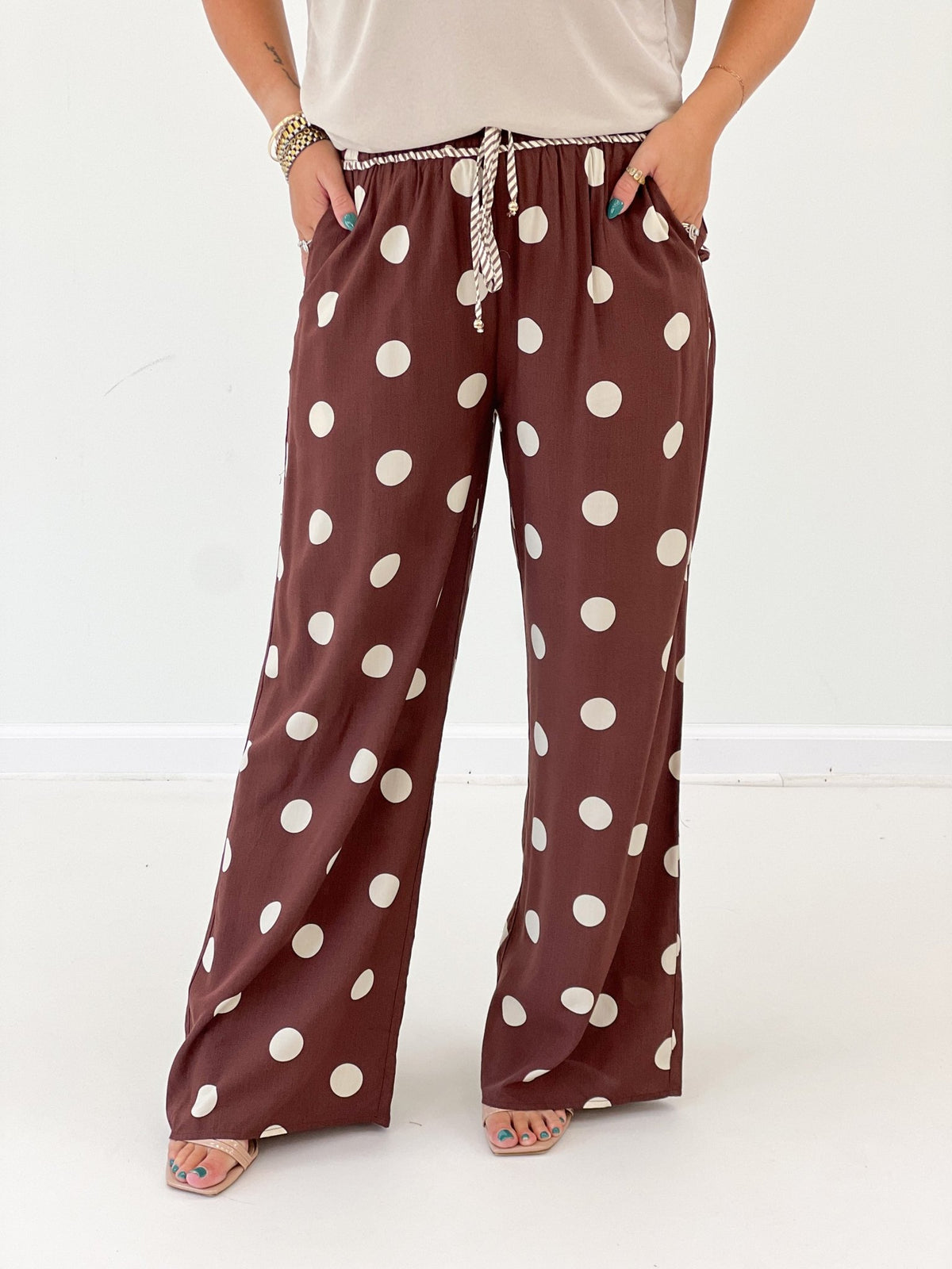 Brown polka dot wide leg pants