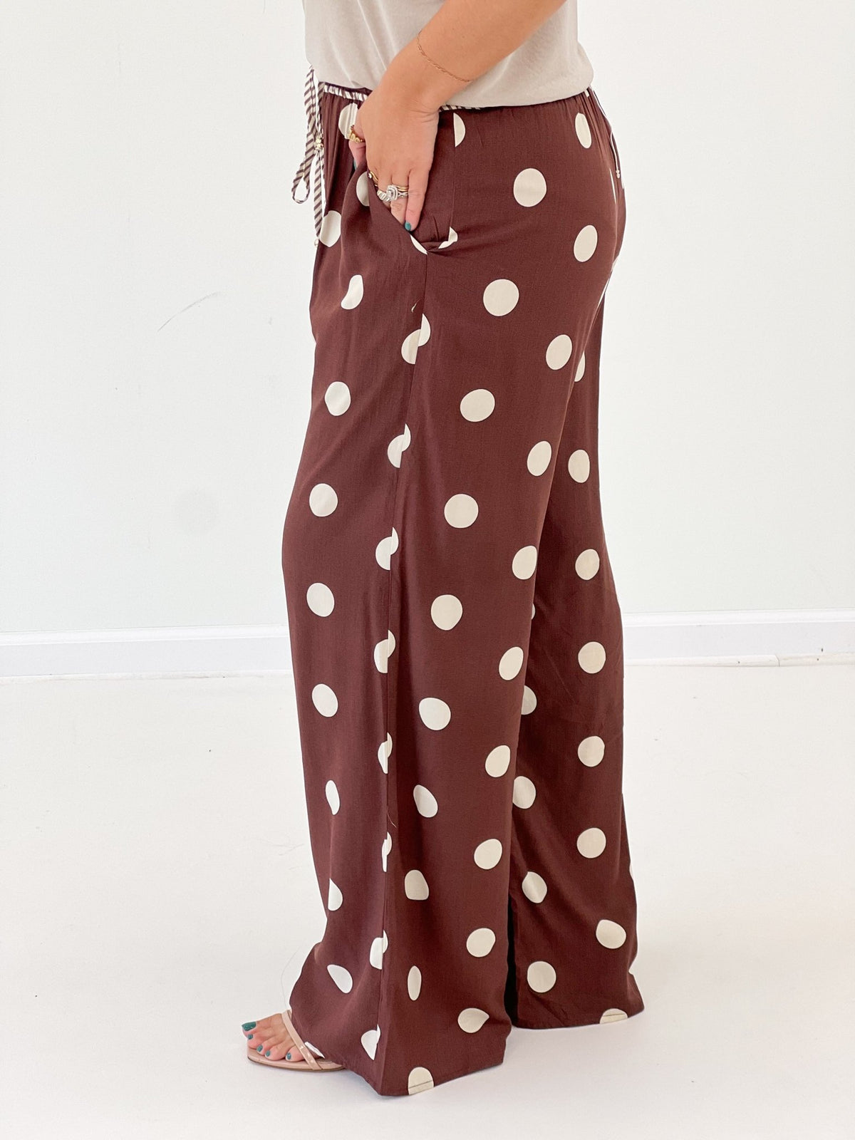 Brown dotted pants with a full wide leg