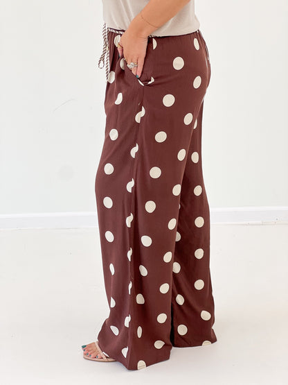 Brown dotted pants with a full wide leg