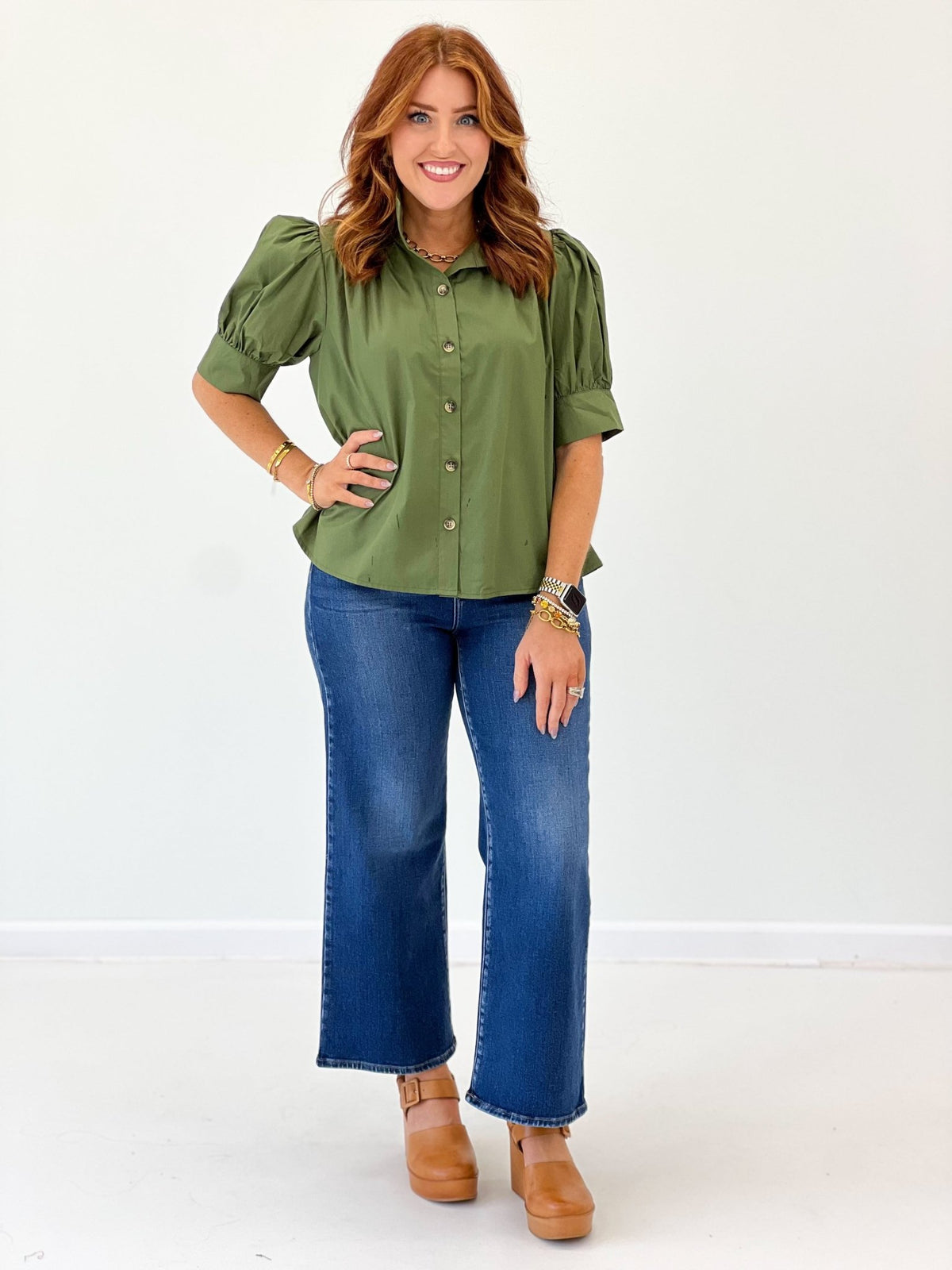 Entro Puff Sleeve Button Down Top - Lavish Boutique01-TOPS